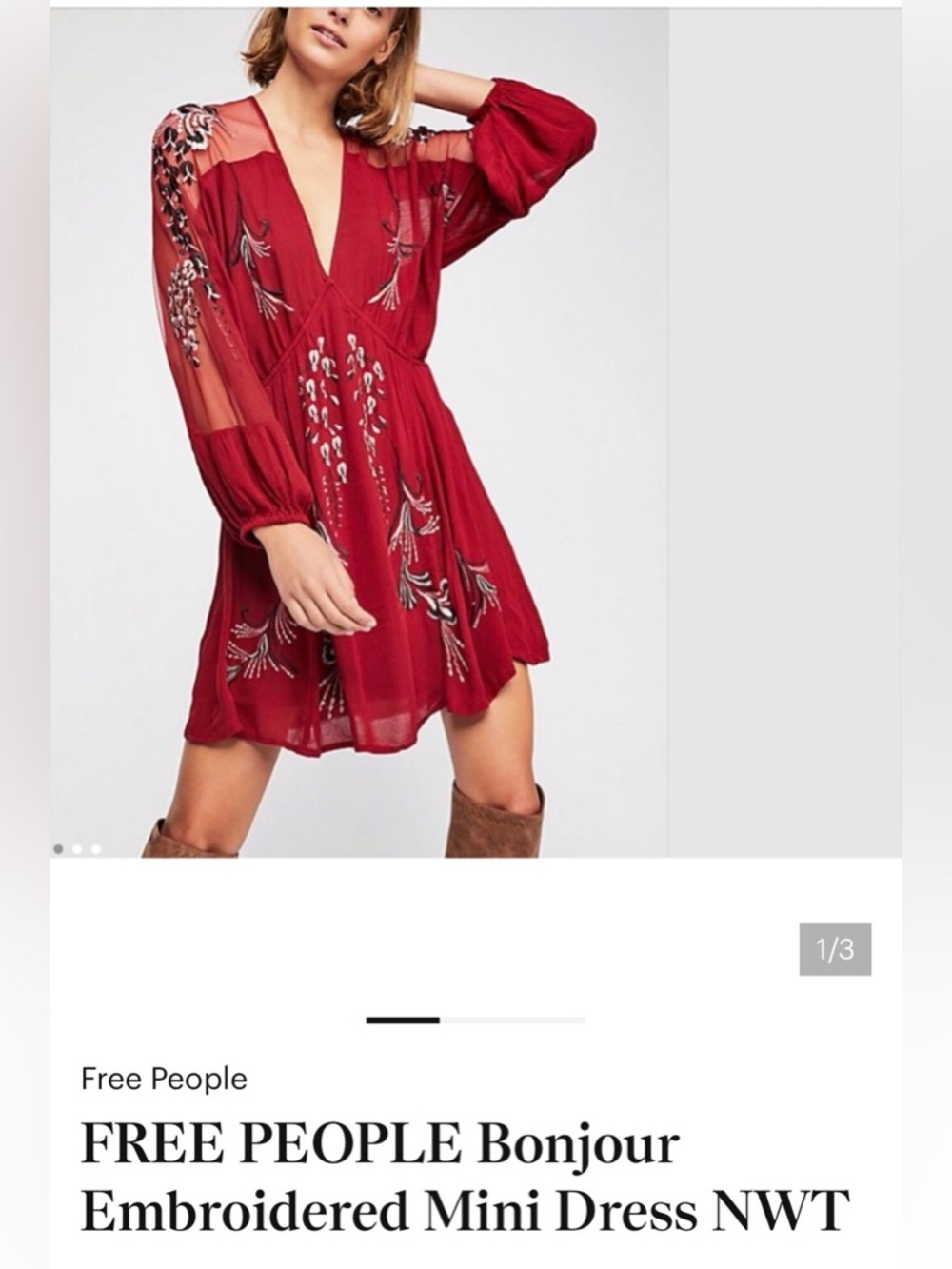 Free People Burgundy Red Embroidered Mesh Sleeve Mini Dress